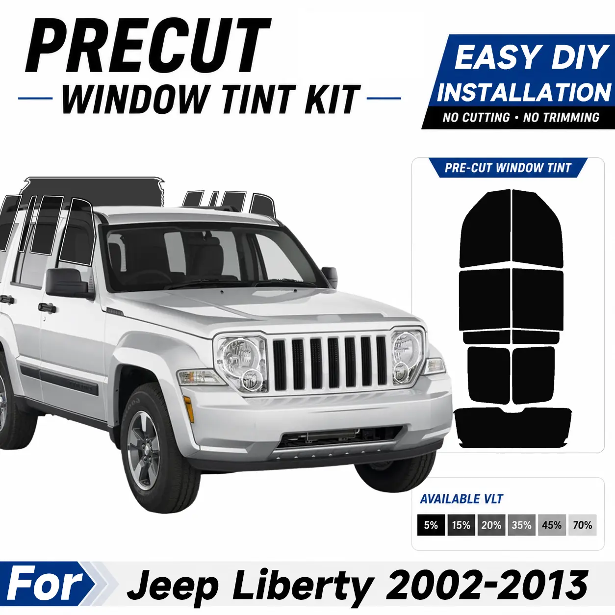 Automotive Custom Size Pre-cut Window Tint - Easy to Apply Installation Pre Cut Tint Kit, Sun protection UV Protection & Car For Jeep Liberty 2002-2013