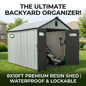 8x16 FT Resin Outdoor Storage Shed Plastic Garden Shed Weatherproof Storage Building with Floor Carpet Large Capacity Backyard Organizer for Lawn Mower Bikes Tools Patio Organization Heavy Duty Outside Utility Structure