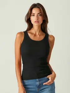 Slim Fit Ribbed Tank Top for Women - Stretchy Wide Strap Scoop Neck Camisole, Non-See-Through Casual Essential for All Occasions