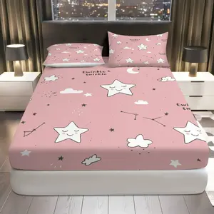 3Pcs Star Moon Cloud Fitted Sheet Three Piece Set (1*Fitted Sheet+2*Pillowcases, Coreless), Dreamland theme, Twinkle Star Bedding Set, Mattress protector Soft, Breathable