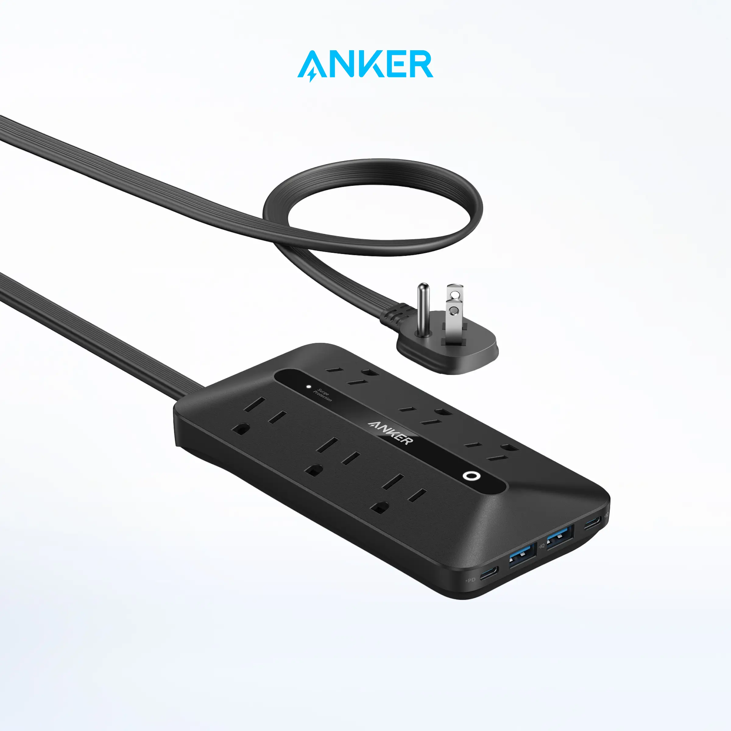 Anker Power Strip (300J), 10-in-1 20W with 5 ft Flat Cable and Plug, 6 AC, 2 USB-A, 2 USB-C, Modern Deskop Charging Station, For Home, Office, Dorm