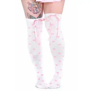 Women's Heavenly Heart Over Knee Socks in Pink - Cute Top Ribbon and Heart Design
