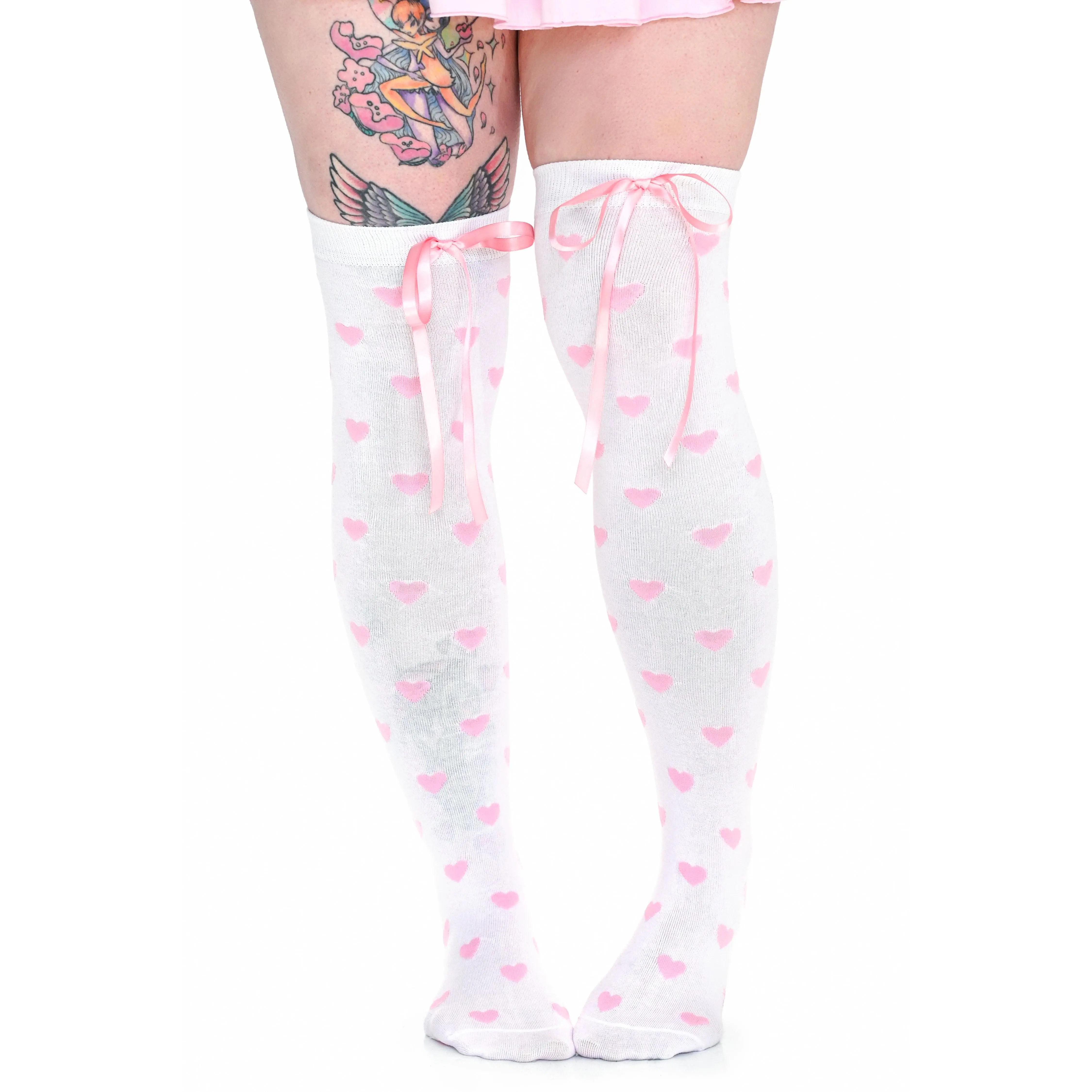 Women's Heavenly Heart Over Knee Socks in Pink - Cute Top Ribbon and Heart Design