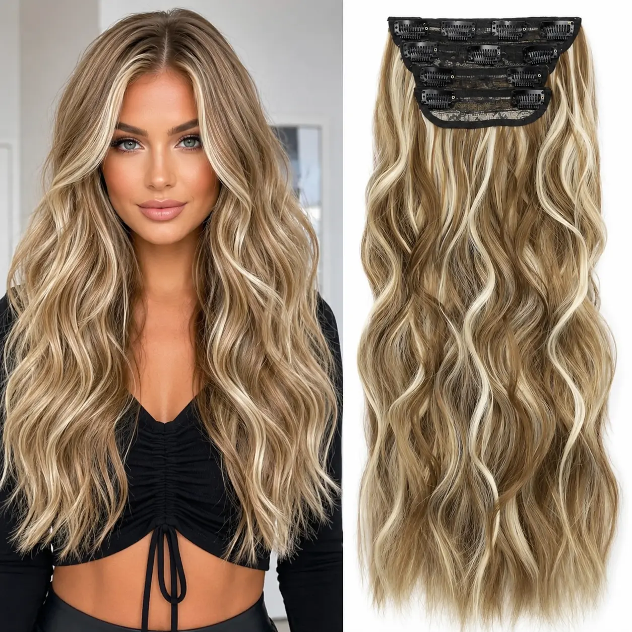Plodon Clip In Hair Extensions 16/20/24 Inch | Seamless Invisible Hair Extensions for Women | Balayage Blonde, Ombre & Multi Color Options | Long Wavy Hair Extensions for Instant Volume & Length