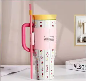 Owala 40oz Insulated Tumbler with Handle | Floral Print | Built-in Straw Holder | Leak-Proof Lid Drinkware Flasks Mug  Bottled Water  reusable Pure Copper Bag 24 oz Heavy Duty Magnetic Glass Juice Bottles and stainless steel tumbler Plaid Stranger Things