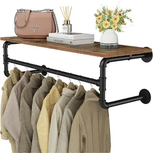 Clothes Rack with Top Shelf, 43.3in Industrial Pipe Wall Mounted Garment Rack,-Saving Display Clothes Rack, Duty Detachable Multi-Purpose Rod for Closet
