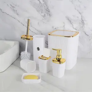 Electroplated Bathroom Cleaning Set 6-Piece | No-Dead-Corner Toilet Brush Hydraulic Soap Dispenser Trash Can | Home Bathroom Essentials Bathroom Upgrade Kit Bathroom Accessories