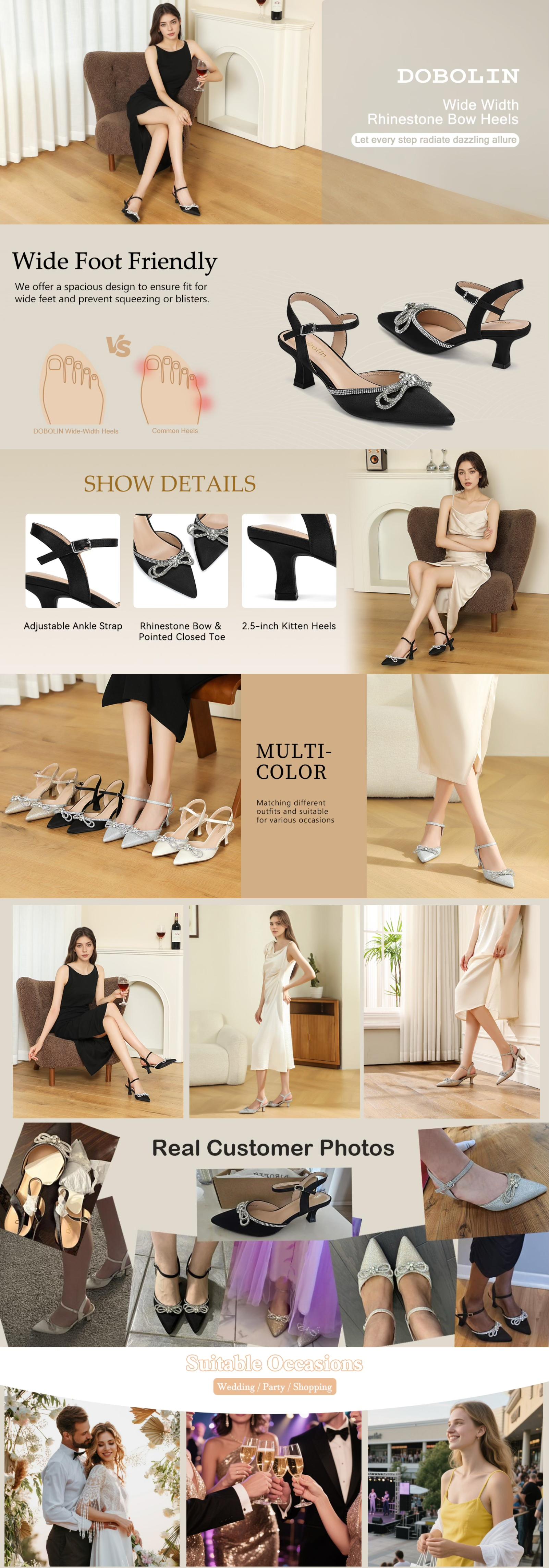 Wide Width Kitten Heels for Women – Rhinestone Bow Pointed Closed Toe Pumps with Ankle Strap for Wedding, Bridal & Party Dress Shoes Fashionable Heeled Sandals Dressy Summer Sandals