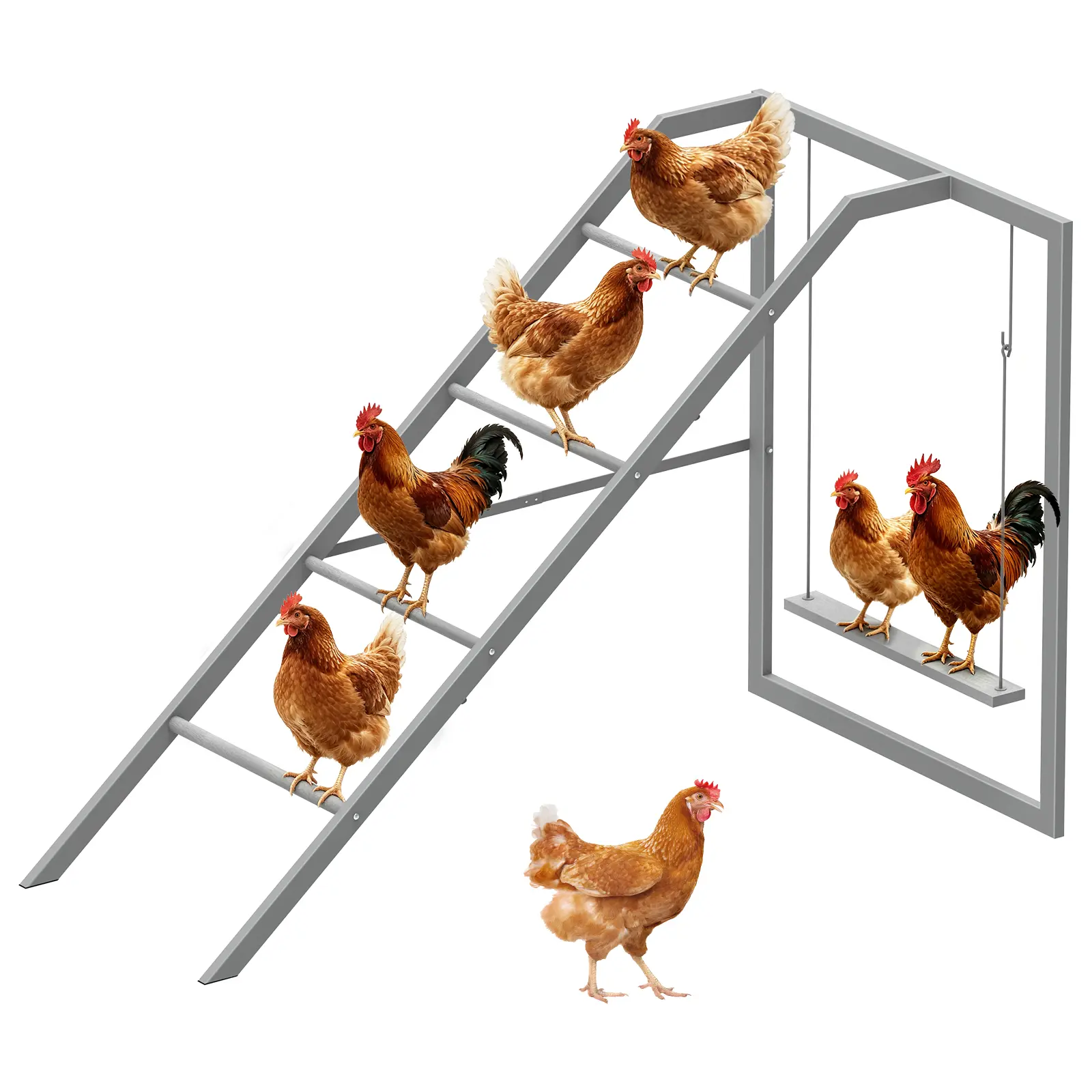 Chicken Perch Swing with Ladder for Coop, Metal Frame Chicken Roosting Bars for 8-10 Hens, Pet Swing Set for Backyard Poultry Farm Roost, Ideal for Chickens' Health and Happiness