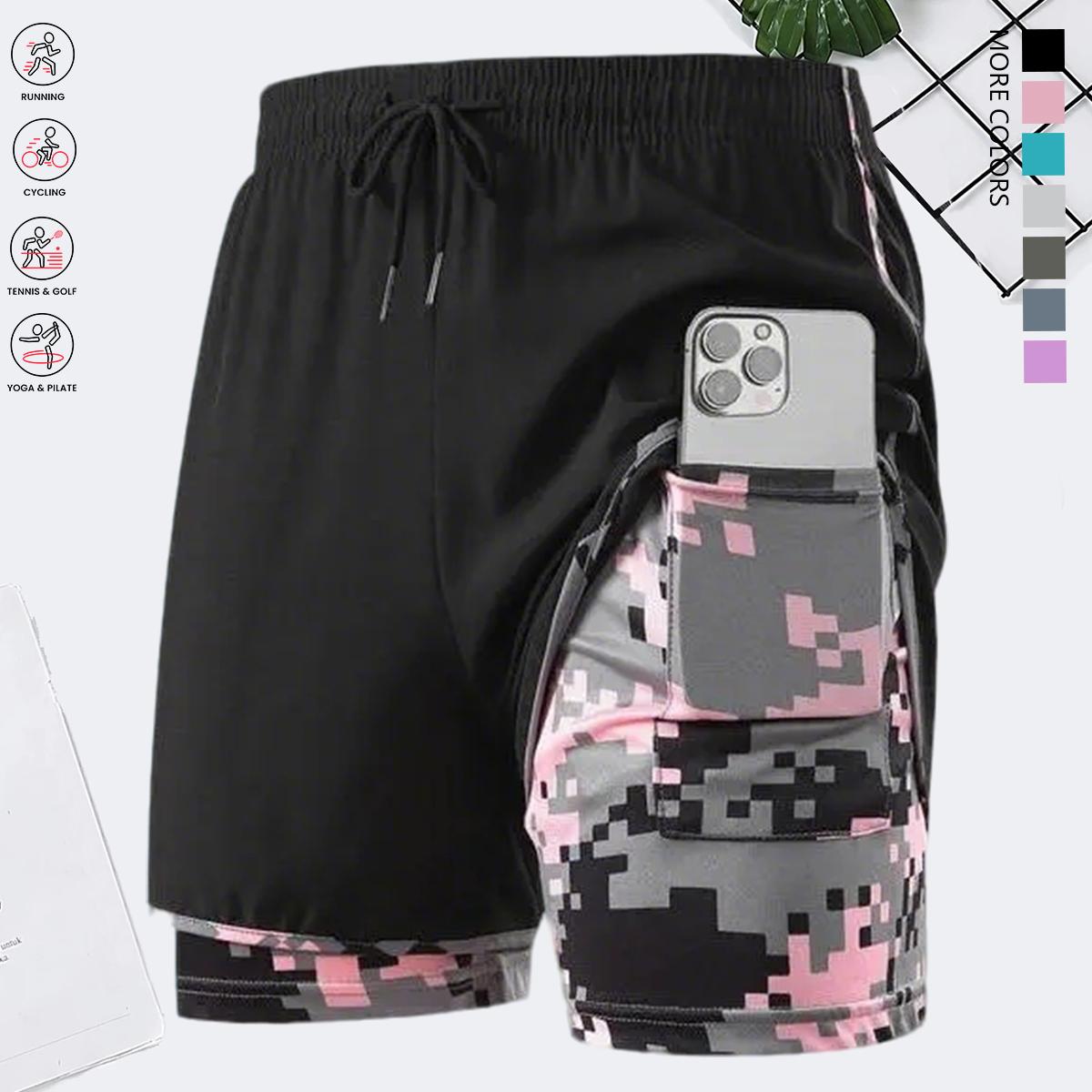 Women’s summer shorts: double-layer faux two-piece mid-length shorts; camouflage women’s shorts; polyester–spandex knit fabric shorts; breathable, quick-drying compression base layer shorts; elastic waistband with drawstring; side mesh pockets; suitable f