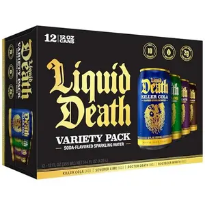 Liquid Death, Cherry Obituary, Cherry-Flavored Sparkling Water, 12-Pack (12oz Cans), Low Calorie & No Artificial Sweeteners