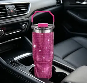 30oz Rhinestone Diamond Tumbler, 2-in-1 Lid, Double Wall Vacuum Insulated Stainless Steel Portable Stylish Travel Mug, Leakproof, Hot & Cold Coffee Tea Cup Water Bottle, Car Interior Stowing Accessory, US Local Shipping