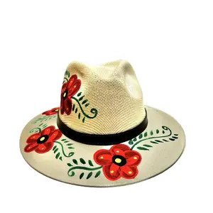 Flower Sun Hat - Natural Beige with Red Flower Design, Adjustable Strap, and Floral Accents