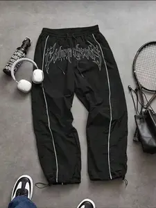 Men's Fashion Casual Sport Pants, Unique Print, Taslon Fabric, Striped Design, Adjustable Elastic Cuff, American High Street Style, Active Pants