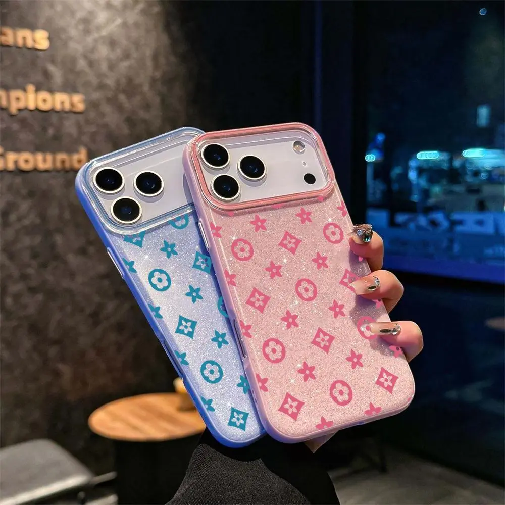 Glitter Luxury Monogram Geometric Floral Phone Case + Lens Protector Kit Bundle for iPhone 17 Pro Max, 17 Pro, 16 Pro Max, 16 Pro, 15 Pro Max, 15 Pro, 14 Pro Max, 13 Pro Max, Sparkly Protective Cover