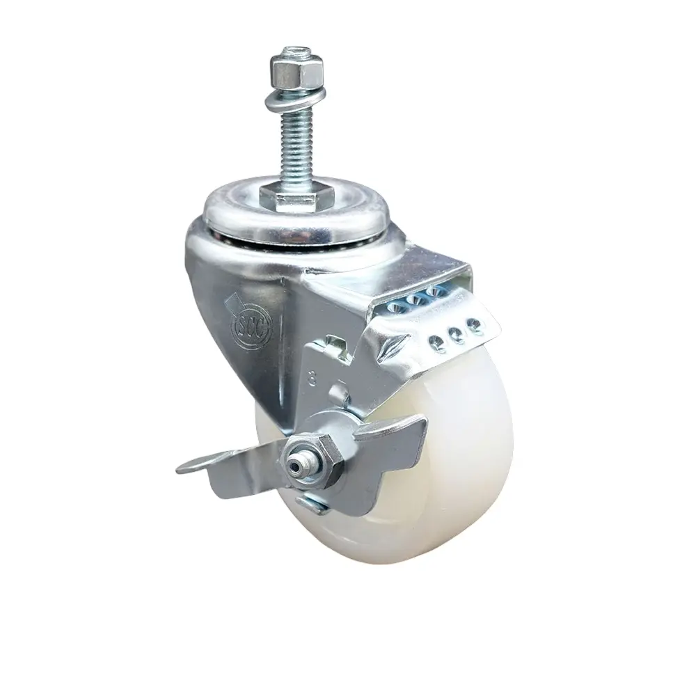 Service Caster SCC-TS20S314-NYS-TLB-381615 Nylon Swivel Threaded Stem Casters - 3 x 1.25 in Wheel, 0.38 in Stem, Top Locking Brake, 300 lbs Capacity, High Substance Resistance, Low Rolling Resistance for Material Handling Equipment, Shop Projects, Swivel