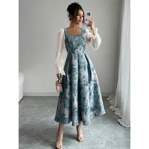 New Women’s Floral Print Long Sleeve Casual Patchwork Dress, Stylish Fashion for Everyday Wear, Comfortable and Trendy Design