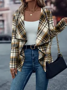 A women's yellow brown checkered irregular jacket, suitable for commuting to work, shopping, outdoor activities, indoor and outdoor wear