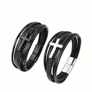 Retro Vintage Men's Leather Cross Bracelet, Open Copper & Stainless Steel Magnetic Clasp, Great for Spring & Everyday Outfits