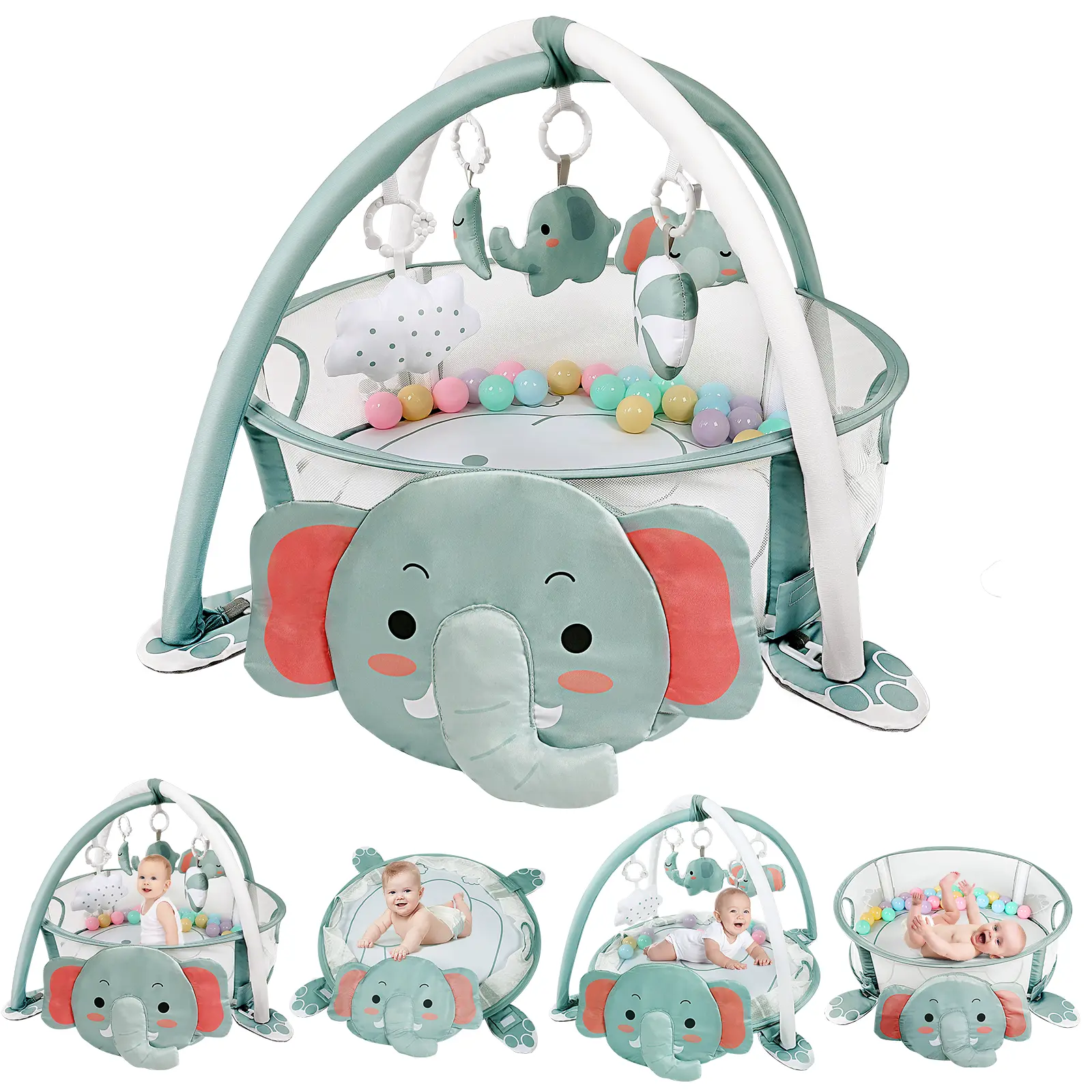 Dearlomum 4-in-1 Baby Play Mat with Elephant Gym Tummy Time Mat 30 Balls & 5 Sensory Toys for Newborn Toddler Boy & Girl Gifts Playpen Safe & Fun