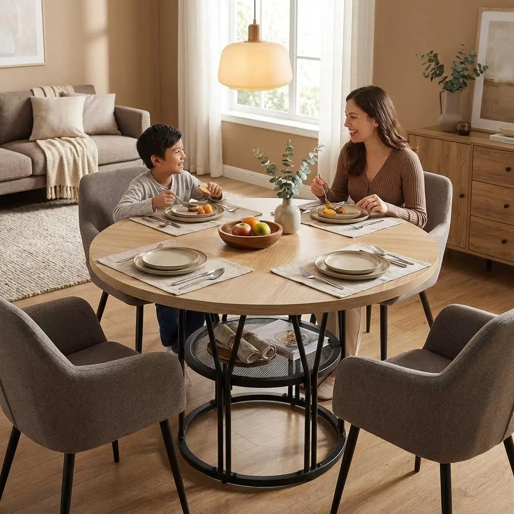 Garvee Round Dining Table, 120 cm Kitchen Table for 4-6 People, Circle Dinner Table with Metal Frame, Space Saving Breakfast Table with Storage Shelf for Home Dining Room Living Room