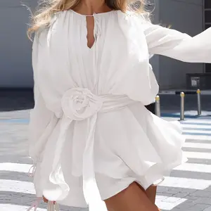 Women's Elegant Solid Color Tie-Neck Dress With Floral Applique, Smocked Sleeves & Tiered Ruffle Hem Boho Mini Dress For Spring Summer # Douyin Recommends For You # Douyin Made Me Buy It # Food Videos # Home Supplies # Trending Videos # Obsessed. # Econom