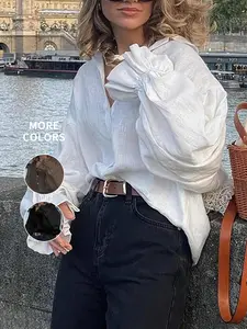 Women's Plain Flounce Sleeve Button Front Shirt Blouse, Casual Long Sleeve Collared Top for Fall & Winter, Women's Clothing for Daily Wear