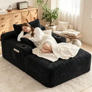 65" Indoor Oversized Cloud Corduroy Chaise Lounge Chair - Boneless Design with Cup Holders, Side Pockets, 3 Pillows, Sofa Bed Sleeper, Furniture Living Room, Living Room Decor, No Assembly Required