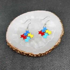 #505 Multi-Colored Autism Puzzle Piece Symbol Earrings, Casual, Autism Acceptance, Alloy, Stainless Steel Hooks