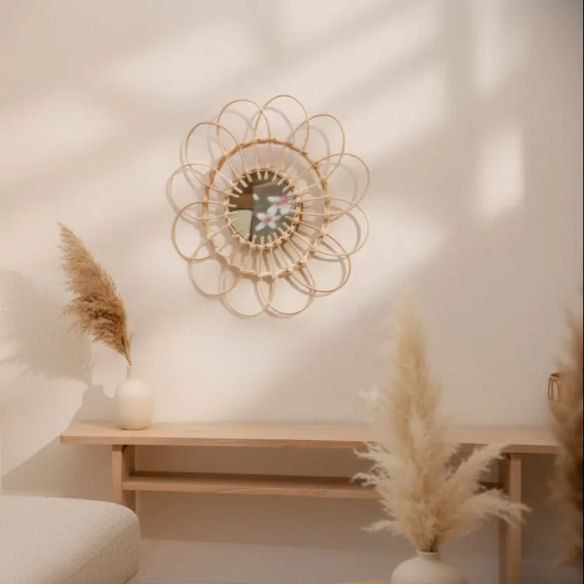 Handwoven Rattan Sunflower Wall Mirror - Boho Bohemian Home Decor Wall-Mounted Mirror