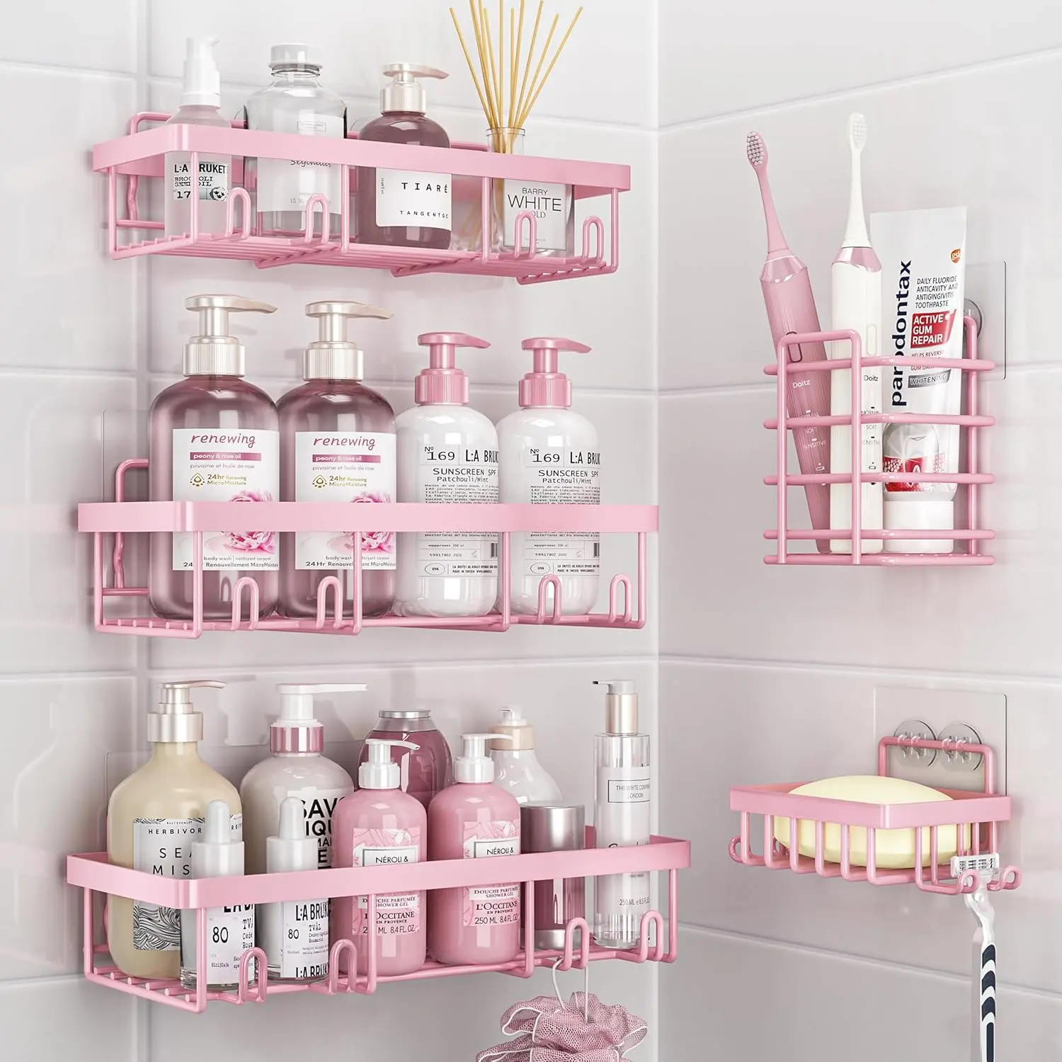 5-Pack Stainless Steel Wall-Mounted Bathroom Organizer Set - No-Drill Self-Adhesive Storage Caddy, Rustproof Waterproof Holder with Soap Saver, 3 Large Shelves, Toothbrush Space, Shower Head Holder, 22 lbs Capacity, Adhesive Tape,corner  shower  shelves