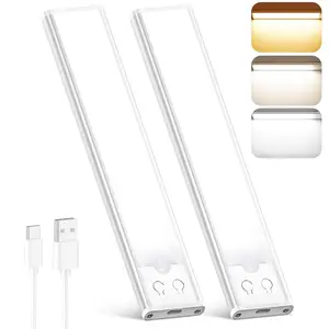 2-Pack Magnetic LED Cabinet Sensor Lights, Metal Material, Rechargeable Battery Powered, 3-Color Adjustable Brightness, with Motion Sensor, Button Control, Suitable for Kitchen, Wardrobe, Stairs, Wine Cabinet