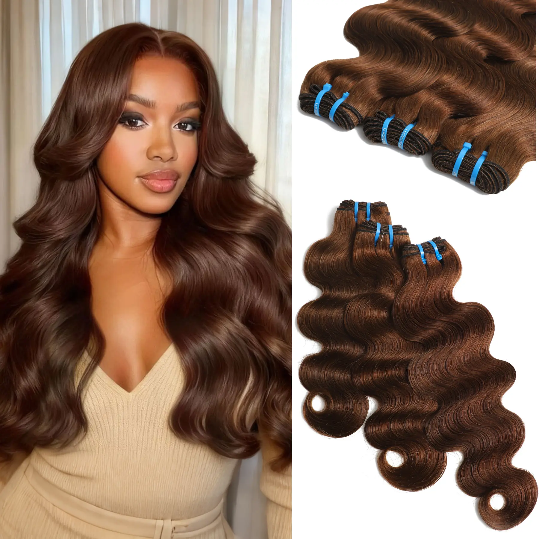 LUCKSTAR #4 Chocolate Brown Premium 100% Virgin Human Hair Bundles Body Wave Bundles Human Hair Bundles Hair Weave Bundles for Sew In and Quick Wave Human Hair Extensions 100% Human Hair Extensions Colored Human Hair Bundles backtoschool