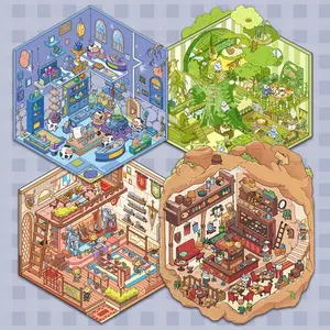 Magic Workshop & Forest Tree House 3D Scenery Stickers, Miniature Scene Kit with Fox Bar, Knight Store Themes, Pet Decals for Scrapbooking