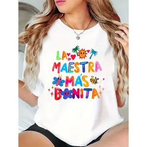 Women’s “La Maestra Más Bonita” T - Shirt | Colorful Sun, Butterfly, Bee, Palm Tree & Heart Graphics | Cute Teacher Apparel for School & Casual Wear 100% Cotton T-shirt