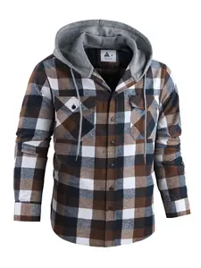 Men's Plaid Button-Front Drawstring Hooded Shirt, Regular Fit Casual Long-Sleeve Outerwear with Pockets for Spring and Fall, Men's Clothes for Daily Wear