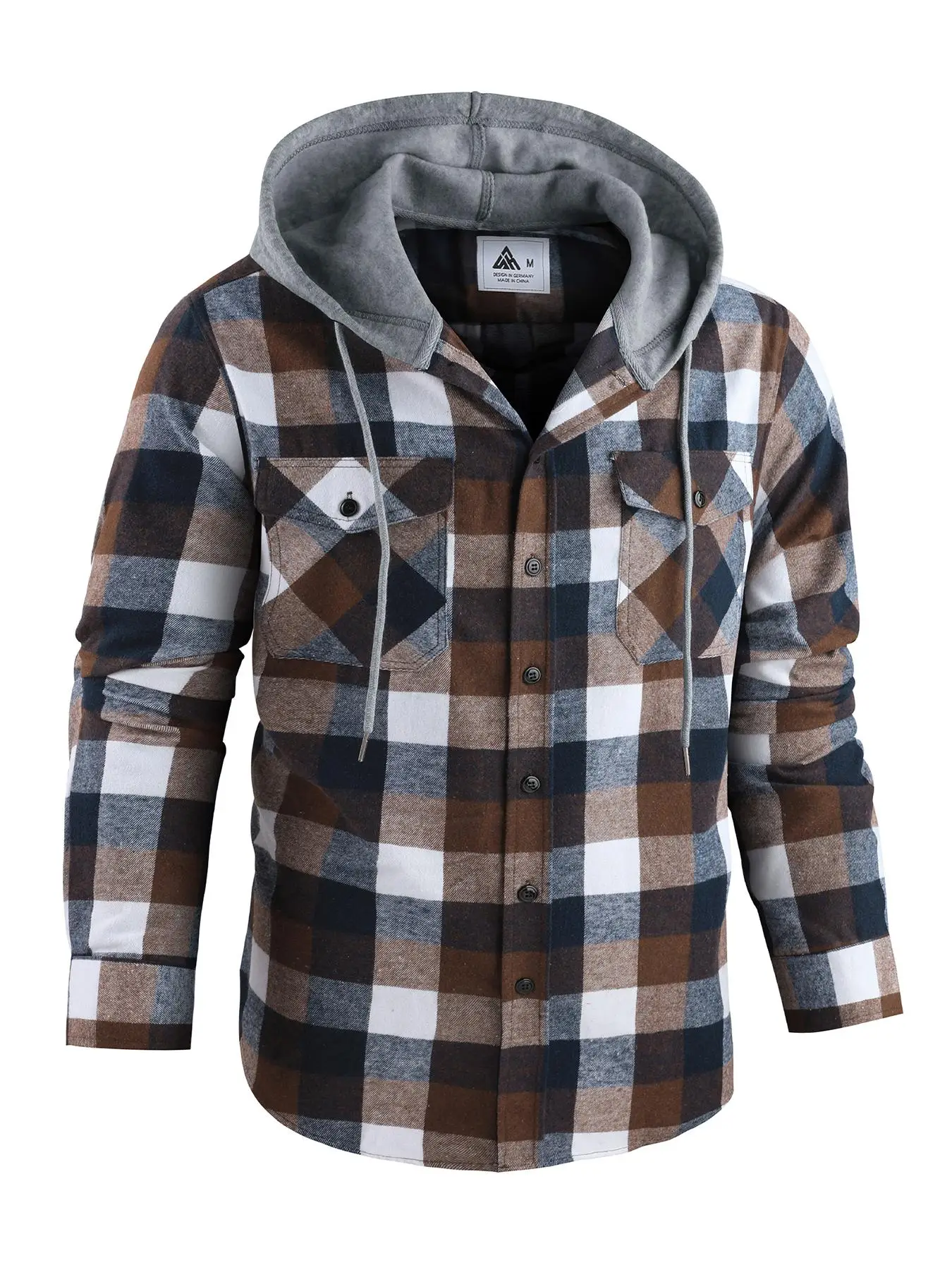 Men's Plaid Print Button Front Drawstring Hooded Shirt, Regular Fit Casual Pocket Long Sleeve Outerwear for Spring & Fall, Men's Clothes for Daily Wea