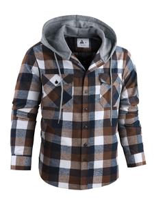 men's plaid print button front drawstring hooded shirt, regular fit casual pocket long sleeve outerwear for spring & fall, men's clothes for daily wear