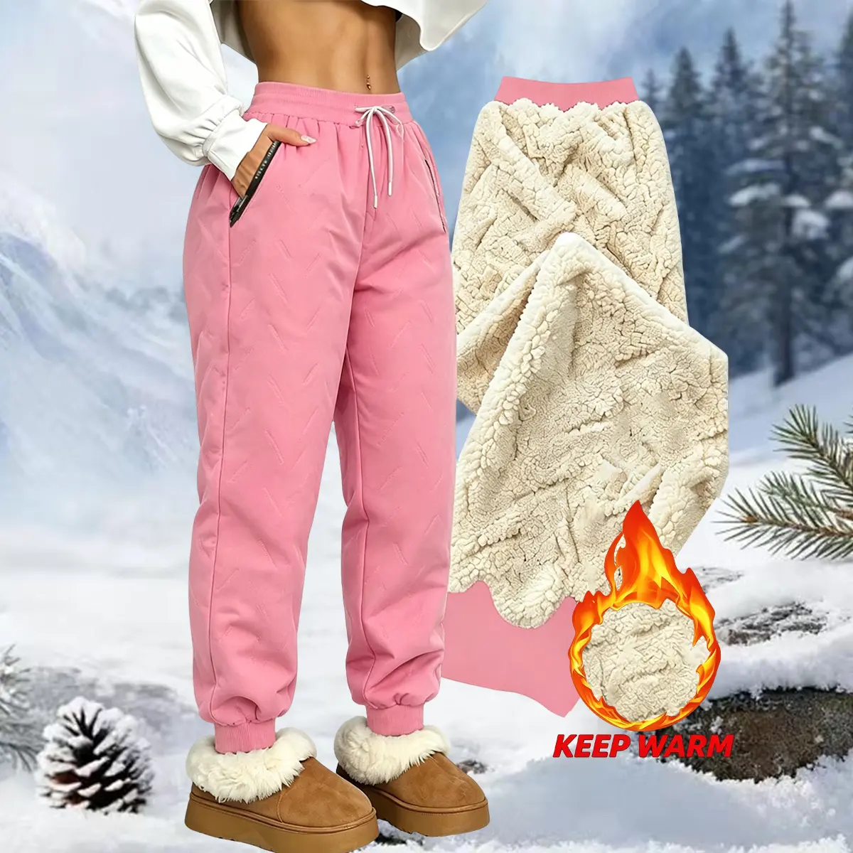Women’s fleece long pants, cuffed ankles, solid color, elastic drawstring waistband, fleece-lined and thickened for warmth, suitable for winter outdoor activities and everyday wear. Women’s long pants, women’s fleece long pants, women’s pants, womenswear.