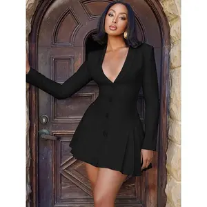 Women’s solid pleated suit dress with front buttons, casual deep V-neck dress for parties, clubs, and dates; dress suit, formal wear, party wear; women’s dress for spring and fall; women’s clothing; going-out dresses, dinner outfits; long sleeves