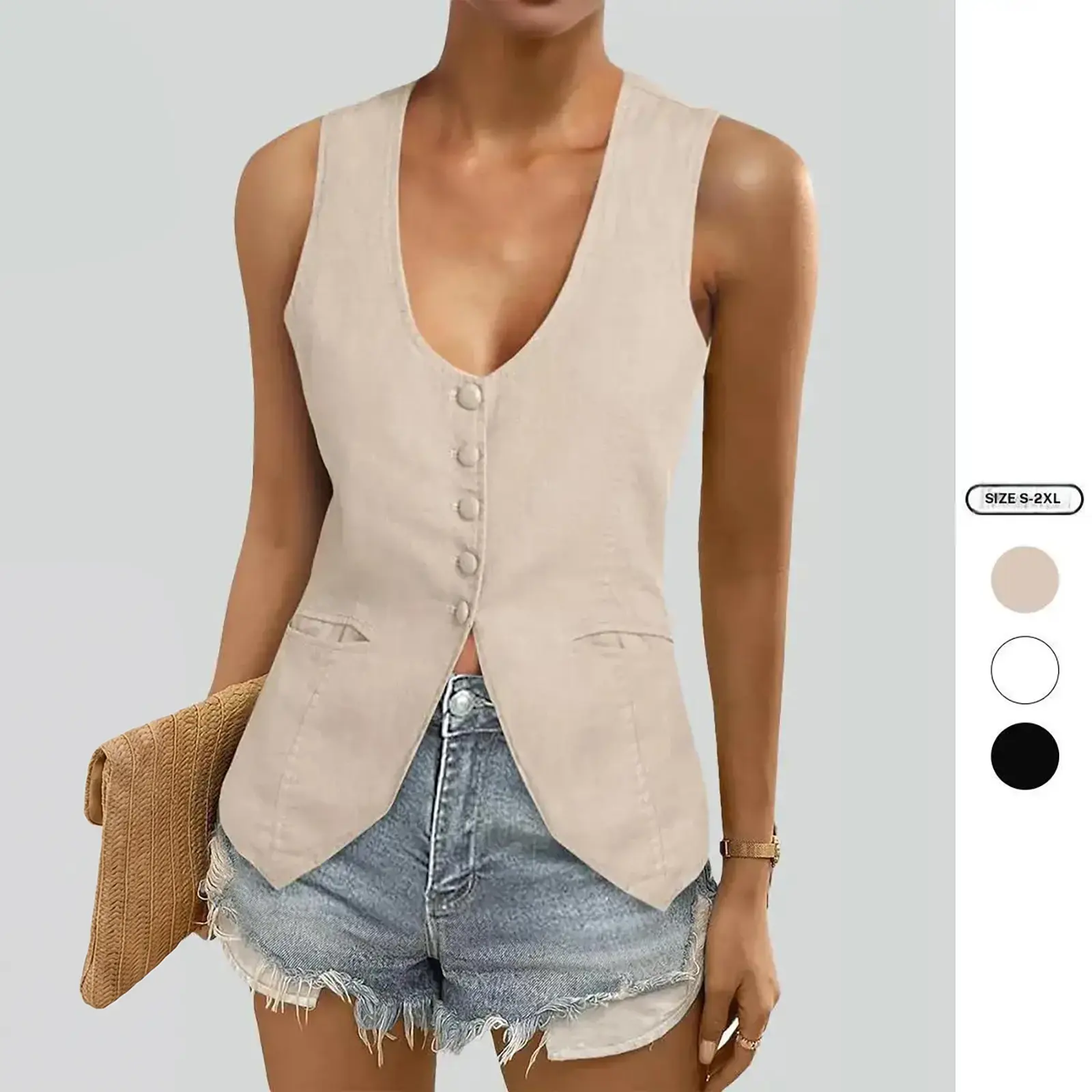 Imily Bela Womens Scoop Neck Blazer Vest Summer Linen Sleeveless Fitted Waistcoat Work Casual Cotton Suit Tops