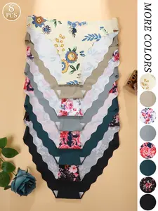 Women's Underwear Set, 8-Pack Seamless Comfortable Fitted Panties, Floral & Solid Colors, Wave Edge Design, Sporty Style