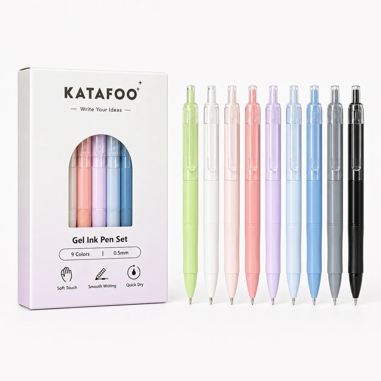 KATAFOO Aesthetic Mixed Color Gel Pen Set, 9 Pack Retractable Black Ink Pens with 0.5mm Fine Point, Quick Dry Smooth Writing Pens for Journaling, Planners, School, Nursing and Office
