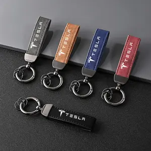 1pc Fashion Leather Metal Keychain, Luxury Keyring for Tesla Model 3 S X Y Roadster Cybertruck, Car Styling Accessory