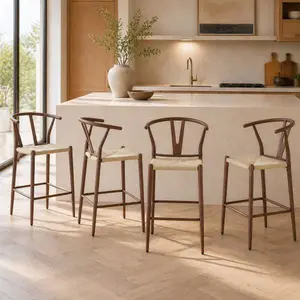 Bellemave Wesborn Y-Shaped Medieval Style Armchair - Ironwork + Natural Rope Woven Seat, Set of 4, Ideal for Bar or Dining Room Indoor Furniture