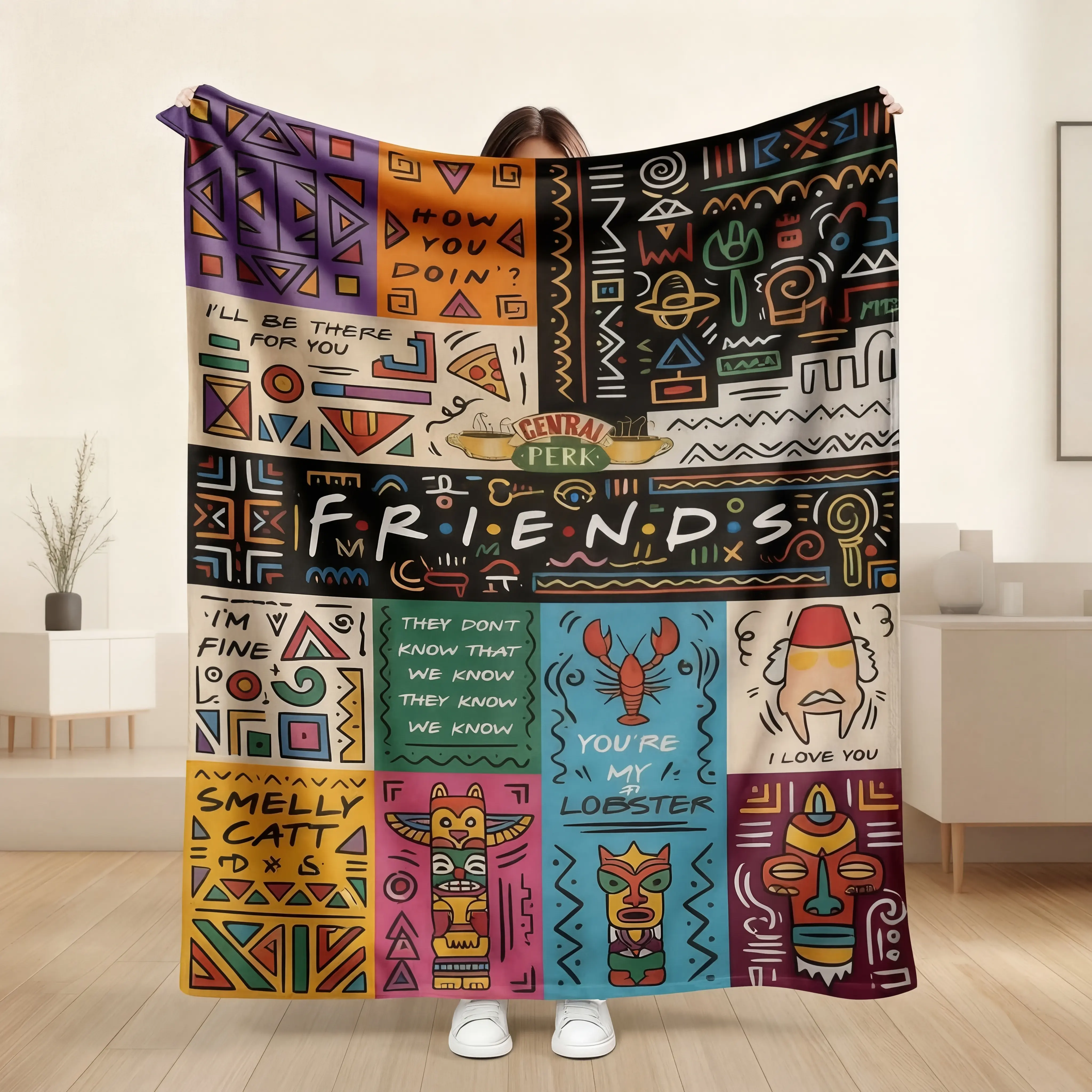 Friends TV Show Flannel Throw Blanket - You're My Lobster, Smelly Cat, Pivot Quotes, Central Perk Prints, 90s Sitcom Aesthetic, Wrinkle Resistant, Breathable, Soft Warm Fuzzy, All Seasons, Perfect for Sofa, Ideal Birthday Gift for Adults Best Friend, Ligh