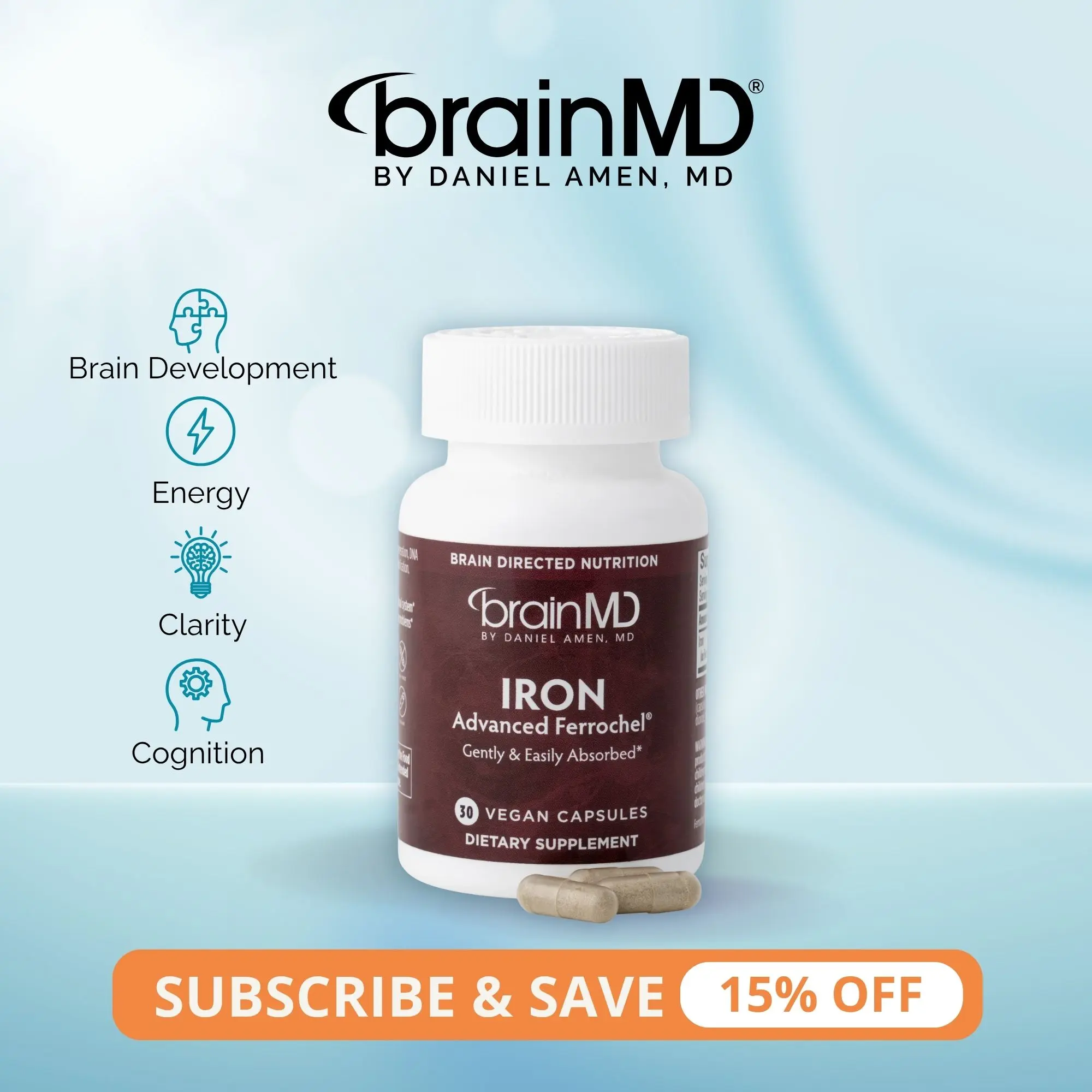 Iron | BrainMD | 30 Capsules | Energy & Cognitive Function Support | Immune, Focus & Gentle Digestive Support | Ferrochel Ferrous Bisglycinate Chelate