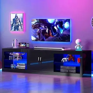 70/86.6 Inch High Gloss Led TV Stand for 90/80/75 Inch TV, Large Modern Black Entertainment Center with Adjustable Glass Shelves Two Cabinets, Gaming TV Console with Led Light for Living Room
