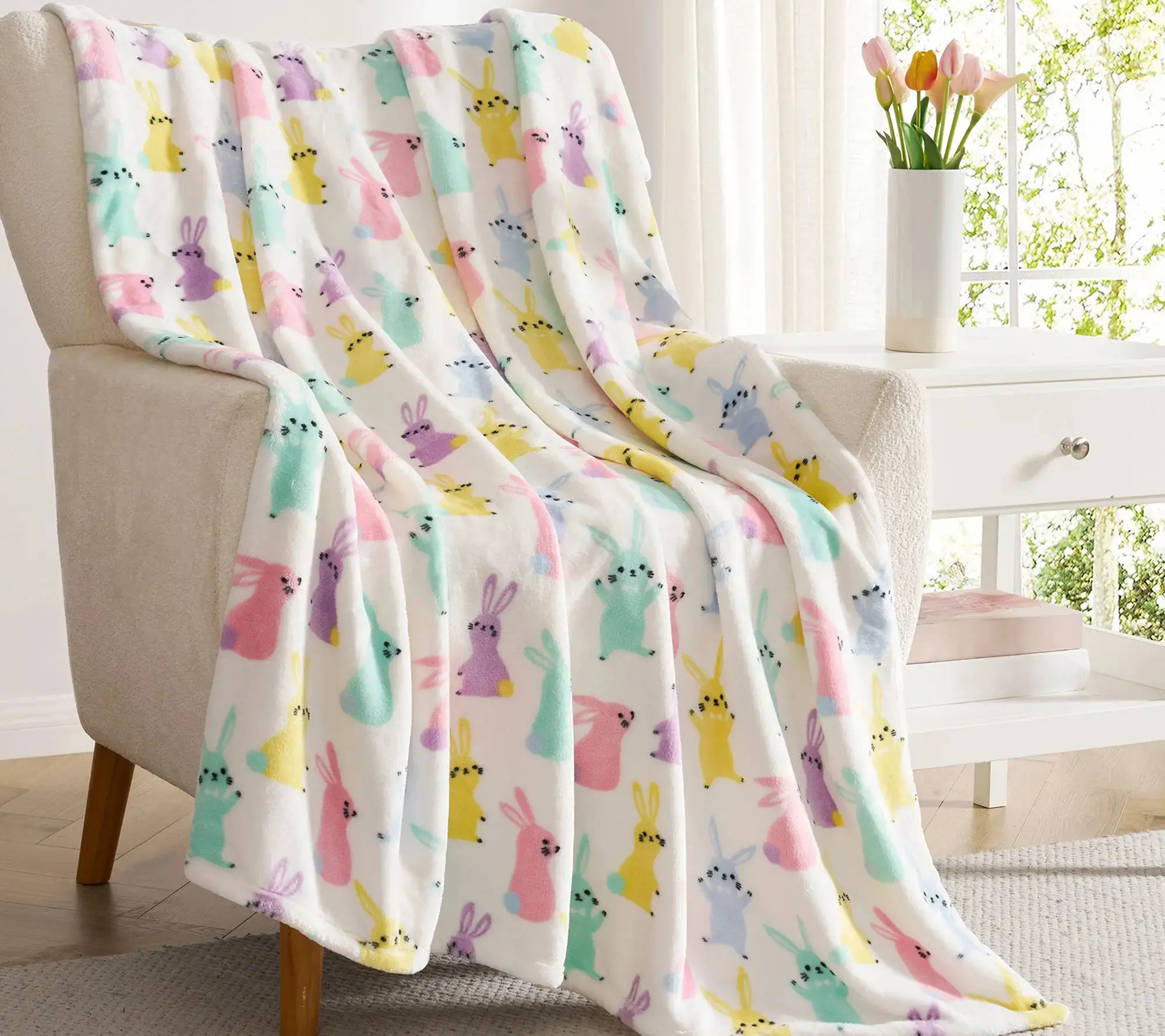Hallmark High-Density Flannel Bunny Print Plush Throw Blanket - Multi-Size (30x40in, 60x80in), Wrinkle Resistant, Cloud-Kissed Softness, Cozy Lounging Essential, All-Seasons Use for Work Needs