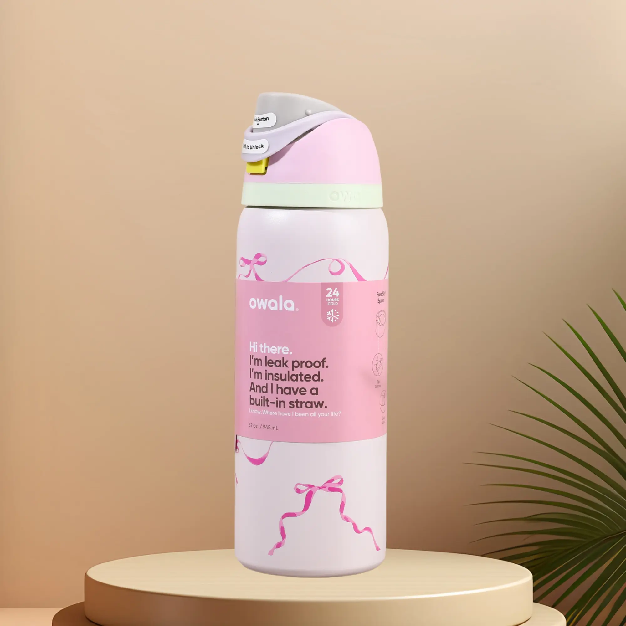 Owala 32oz Stainless Steel Thermal Insulated Portable Water Bottle, 2-in-1 Straw Cap, Leakproof, BPA-Free, Pink Bow Pattern, Ideal for Students